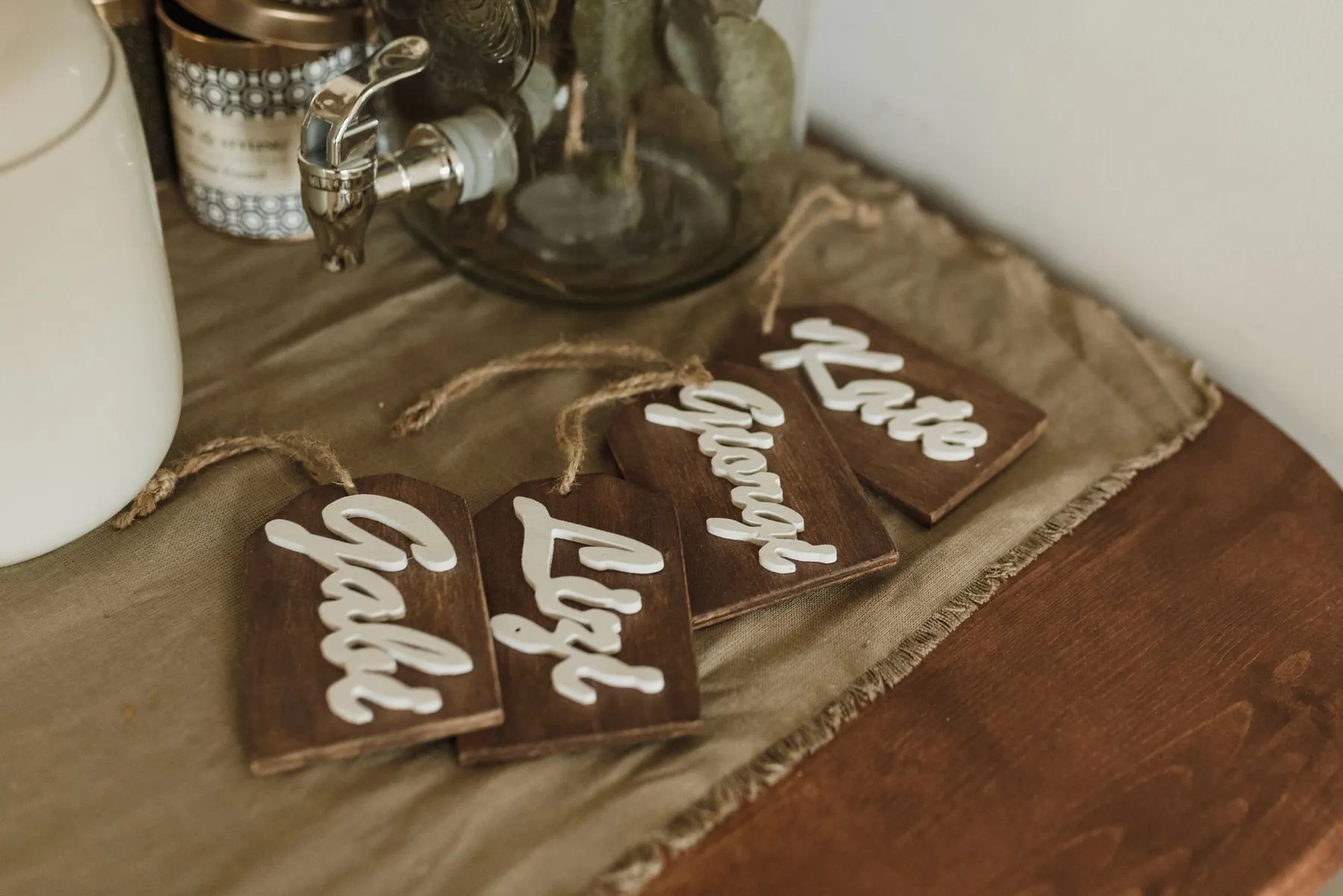 Wooden name tags written in script
