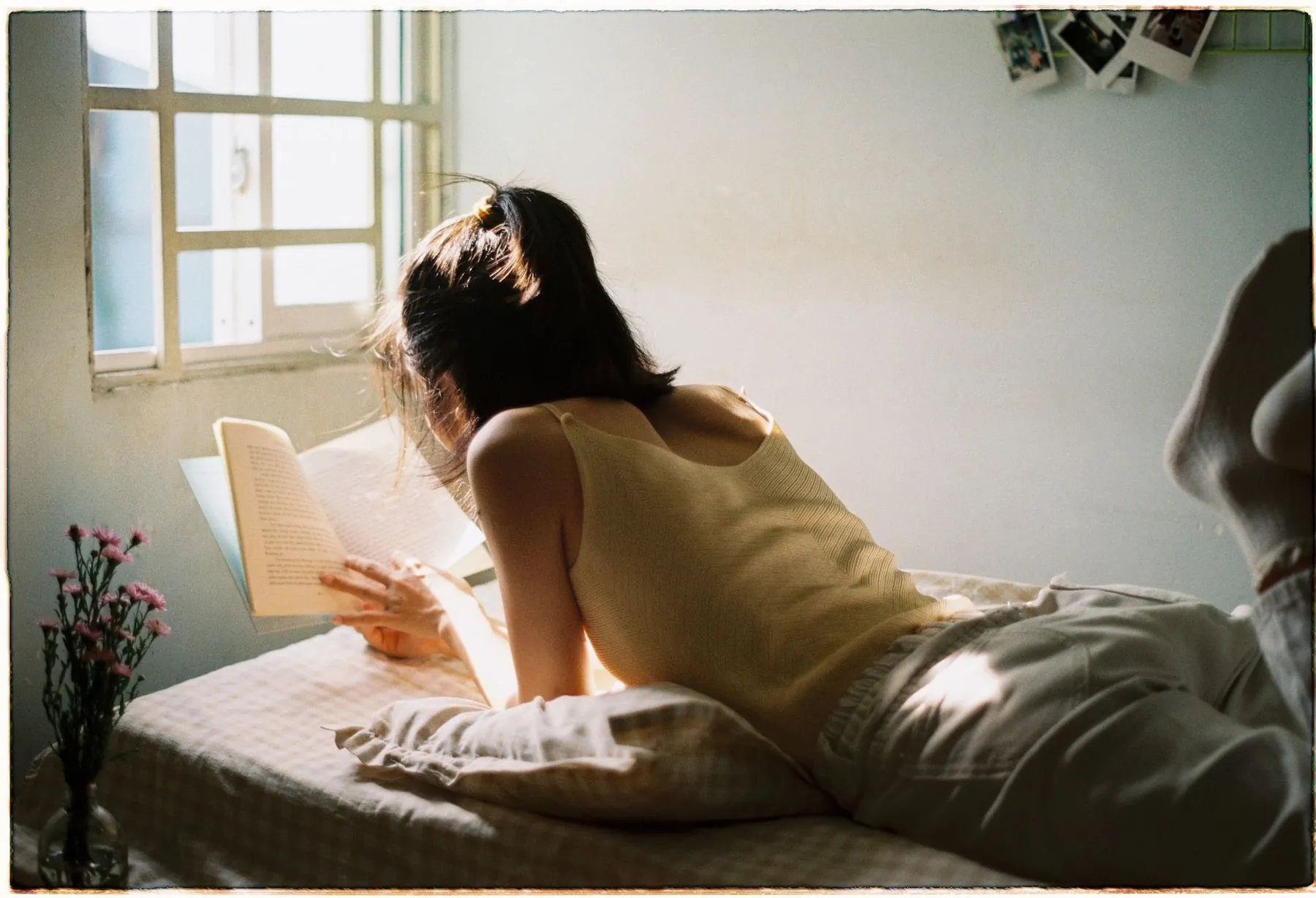 A young woman reading a book by a window