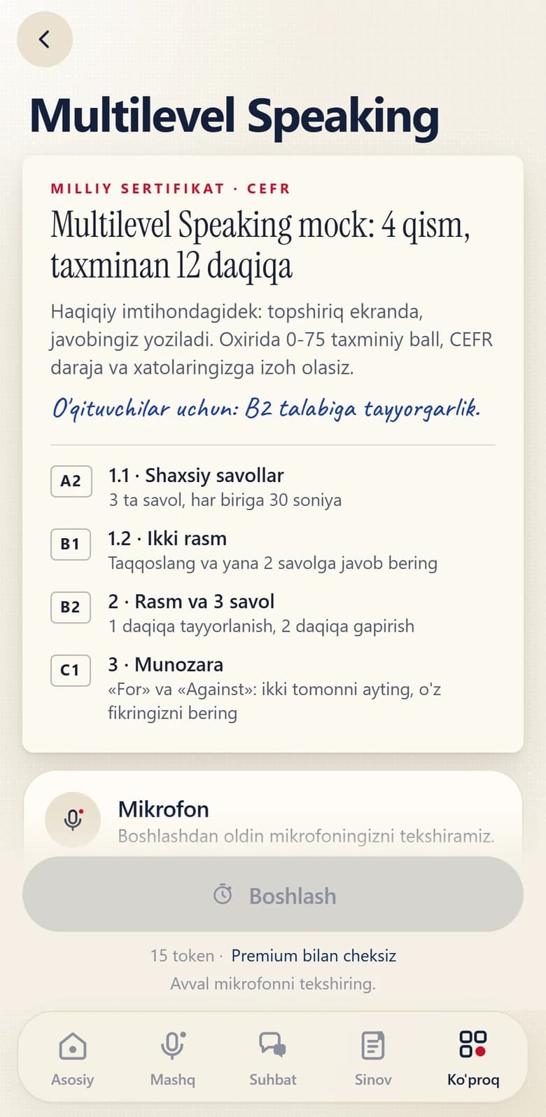 Multilevel Speaking mock ekrani
